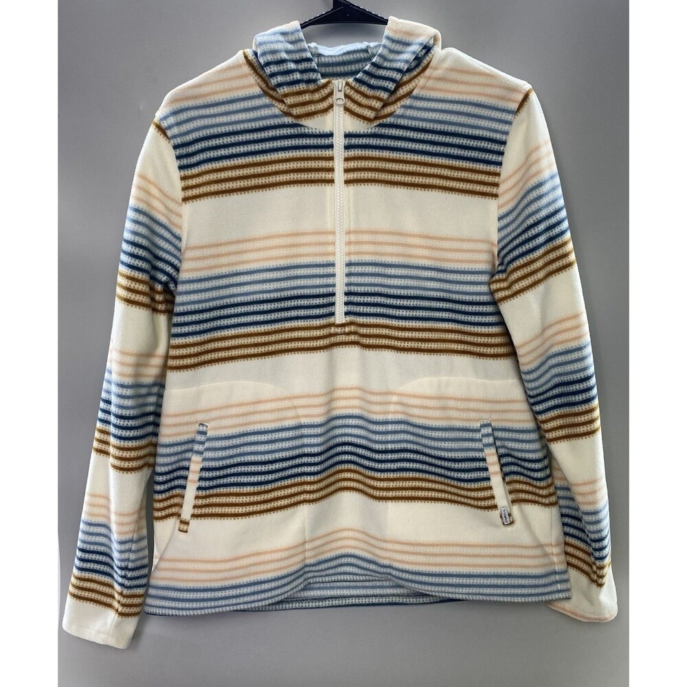 O’Neill Women’s Medium Striped Fleece Hoodie 1/2 Zip Pullover Blue Brown Cream